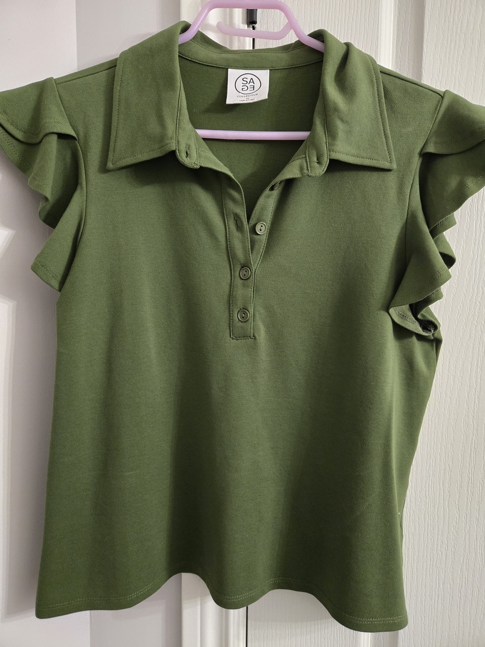 SA83 Olive Green Ruffle Sleeve Button-Down Top